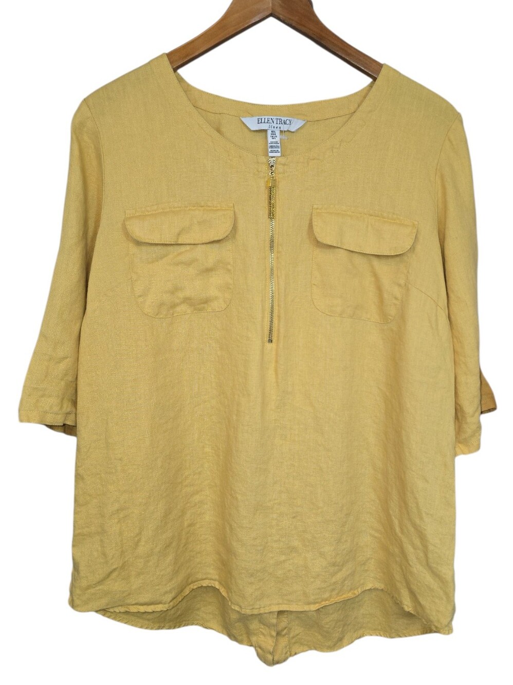 Ellen Tracy 100% Linen Mustard Yellow Roll Tab Sleeves Tunic Blouse Size Large